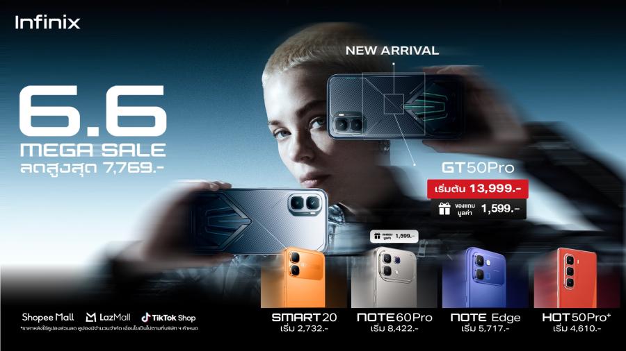 Infinix จัดหนักรับ 6.6 Mid-Year Mega Sale ลดสูงสุด 7,769 บาท  ยกขบวนสมาร์ทโฟนและแก็ดเจ็ตจัดโปรเดือด นำโดยเกมมิ่งโฟนรุ่นล่าสุด Infinix GT 50 Pro เริ่มเพียง 13,999 บาท